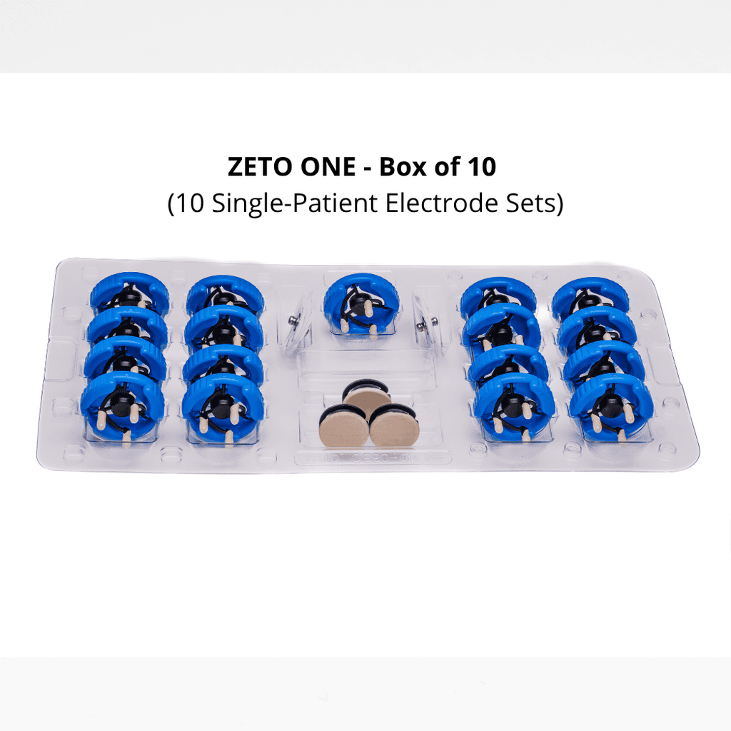 <b>ZP-200-67031-3</b>: Zeto ONE - Box of 10 x Single Patient Electrode Set - Each Set: 20 x Zeto Soft Flex Electrodes - 3 Flat, 17 Flex, 4 x Foam Solid Gel Electrodes - Annual Contract