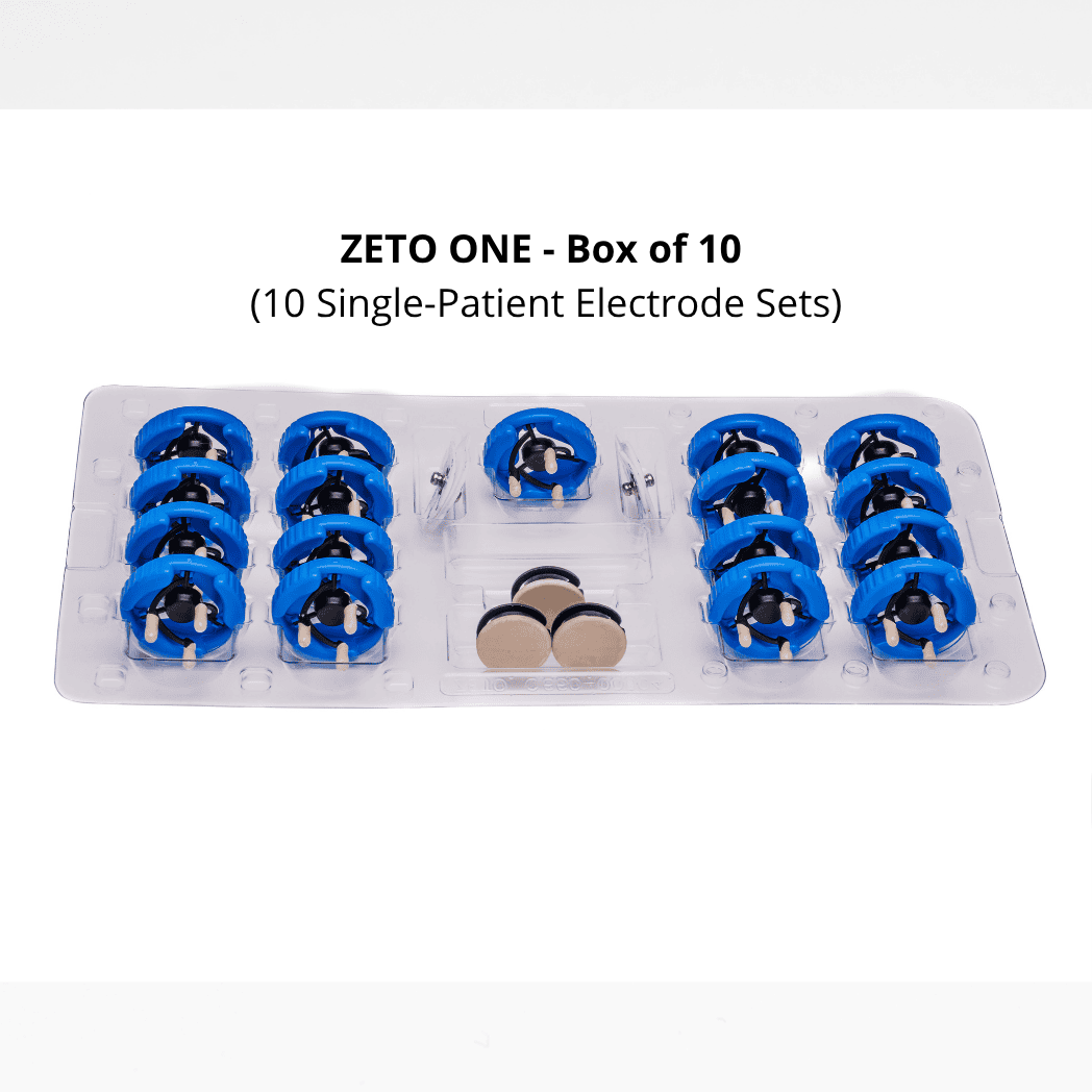 <b>ZP-200-67031-3</b>: Zeto ONE - Box of 10 x Single Patient Electrode Set - Each Set: 20 x Zeto Soft Flex Electrodes - 3 Flat, 17 Flex, 4 x Foam Solid Gel Electrodes - Annual Contract