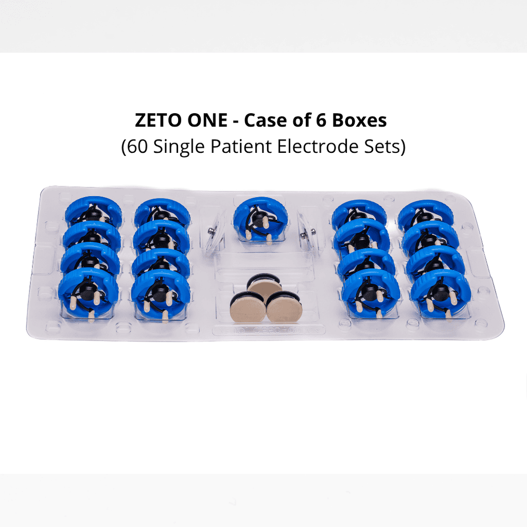 <b>ZP-200-67031-5</b>: Zeto ONE - Case of 6 Boxes = Total 60 x Single Patient Electrode Set - Each Set: 20 x Zeto Soft Flex Electrodes - 3 Flat, 17 Flex, 4 x Foam Solid Gel Electrodes - Annual Contract