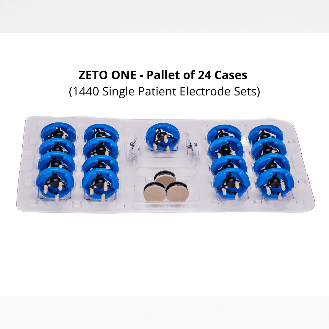 <b>ZP-200-67031-6</b> Zeto ONE - Pallet of 24 Cases = Total 1440 x Single Patient Electrode Set - Each Set: 20 x Zeto Soft Flex Electrodes - 3 Flat, 17 Flex, 4 x Foam Solid Gel Electrodes - Annual or Monthly Contract